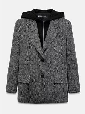 Zara Gray Herringbone Blazer with Black Hooded Insert